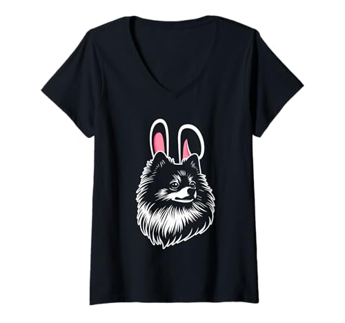 Damen Hund Zwergspitz T-Shirt mit V-Ausschnitt Damen Hund Zwergspitz T-Shirt mit V-Ausschnitt von Hunderasse Zwergspitz