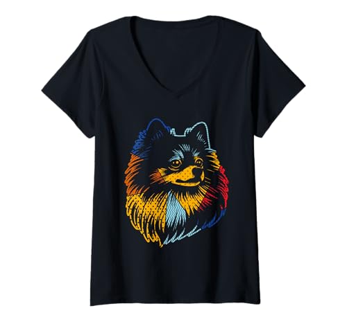 Damen Hund Zwergspitz T-Shirt mit V-Ausschnitt Damen Hund Zwergspitz T-Shirt mit V-Ausschnitt von Hunderasse Zwergspitz