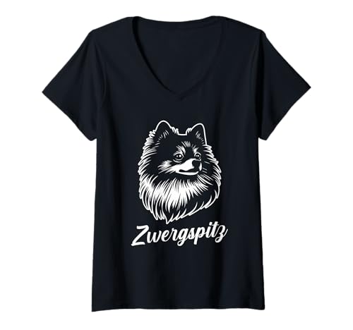Damen Hund Zwergspitz T-Shirt mit V-Ausschnitt Damen Hund Zwergspitz T-Shirt mit V-Ausschnitt von Hunderasse Zwergspitz