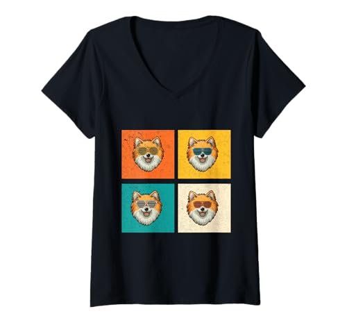 Damen Hund Zwergspitz T-Shirt mit V-Ausschnitt Damen Hund Zwergspitz T-Shirt mit V-Ausschnitt von Hunderasse Zwergspitz