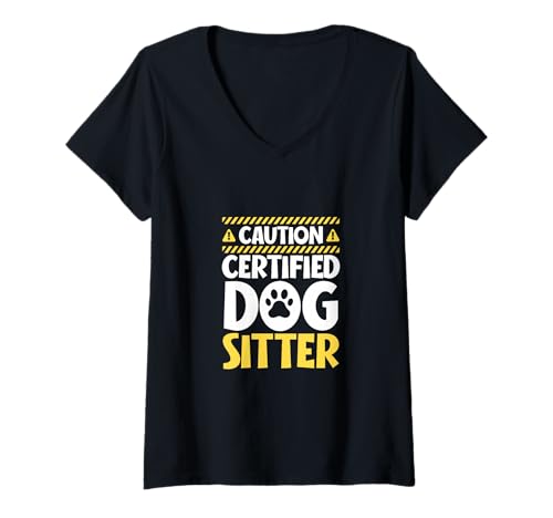 Damen Vorsicht - Zertifizierter Hundesitter T-Shirt mit V-Ausschnitt Damen Vorsicht - Zertifizierter Hundesitter T-Shirt mit V-Ausschnitt von Hundesitter Spruch Designs