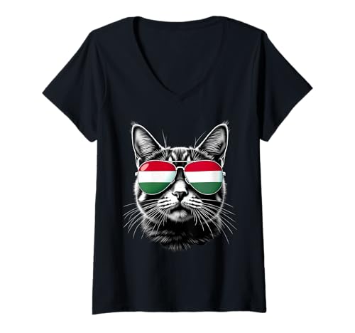 Damen Ungarn Flagge Katze Gesicht Sonnenbrille Ungarische Flagge T-Shirt mit V-Ausschnitt Damen Ungarn Flagge Katze Gesicht Sonnenbrille Ungarische Flagge T-Shirt mit V-Ausschnitt von Hungarian Flag Designs