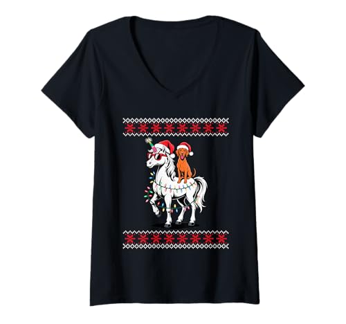 Damen Christmas Hungarian Vizsla Unicorn Sunglasses Magyar Vizslas T-Shirt mit V-Ausschnitt von Hungarian Vizsla Lover Gifts