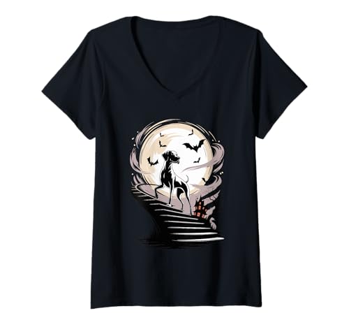 Damen Gruseliges Halloween Mond Hungarian Vizsla Magyar Vizslas T-Shirt mit V-Ausschnitt Damen Gruseliges Halloween Mond Hungarian Vizsla Magyar Vizslas T-Shirt mit V-Ausschnitt von Hungarian Vizsla Lover Gifts