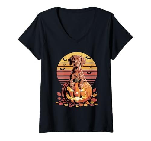 Damen Halloween Retro Hungarian Vizsla Magyar Vizslas T-Shirt mit V-Ausschnitt von Hungarian Vizsla Lover Gifts