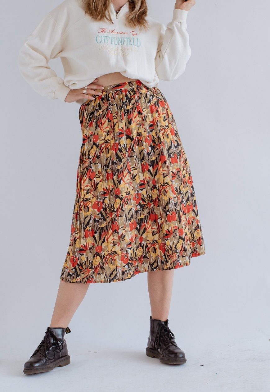 Vintage 70Er High Waist Falten Midi Rock in Multi S von HungerVintage