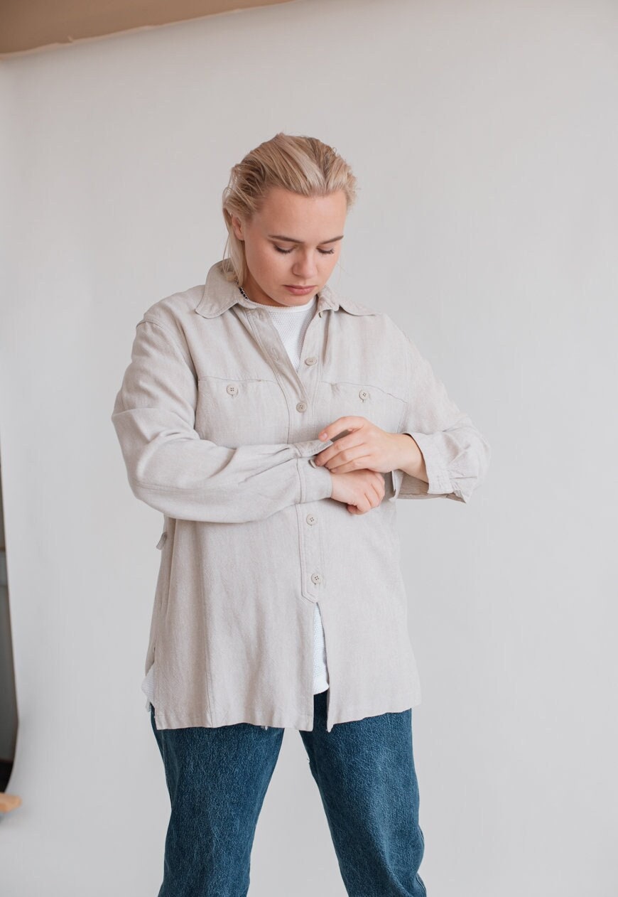 Vintage 90Er Minimal Grunge Relaxed Fit Leinen Shirt in Grau L von HungerVintage