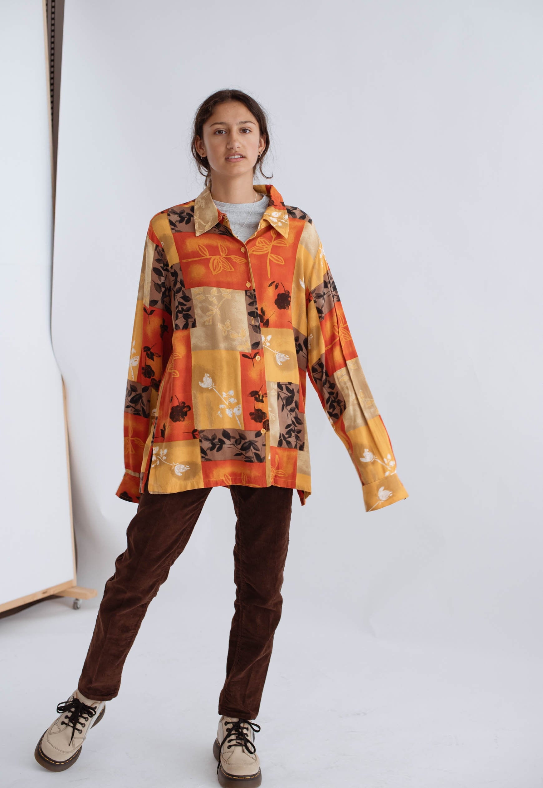 Vintage Langarm Color Block Floral Viskose Shirt L von HungerVintage