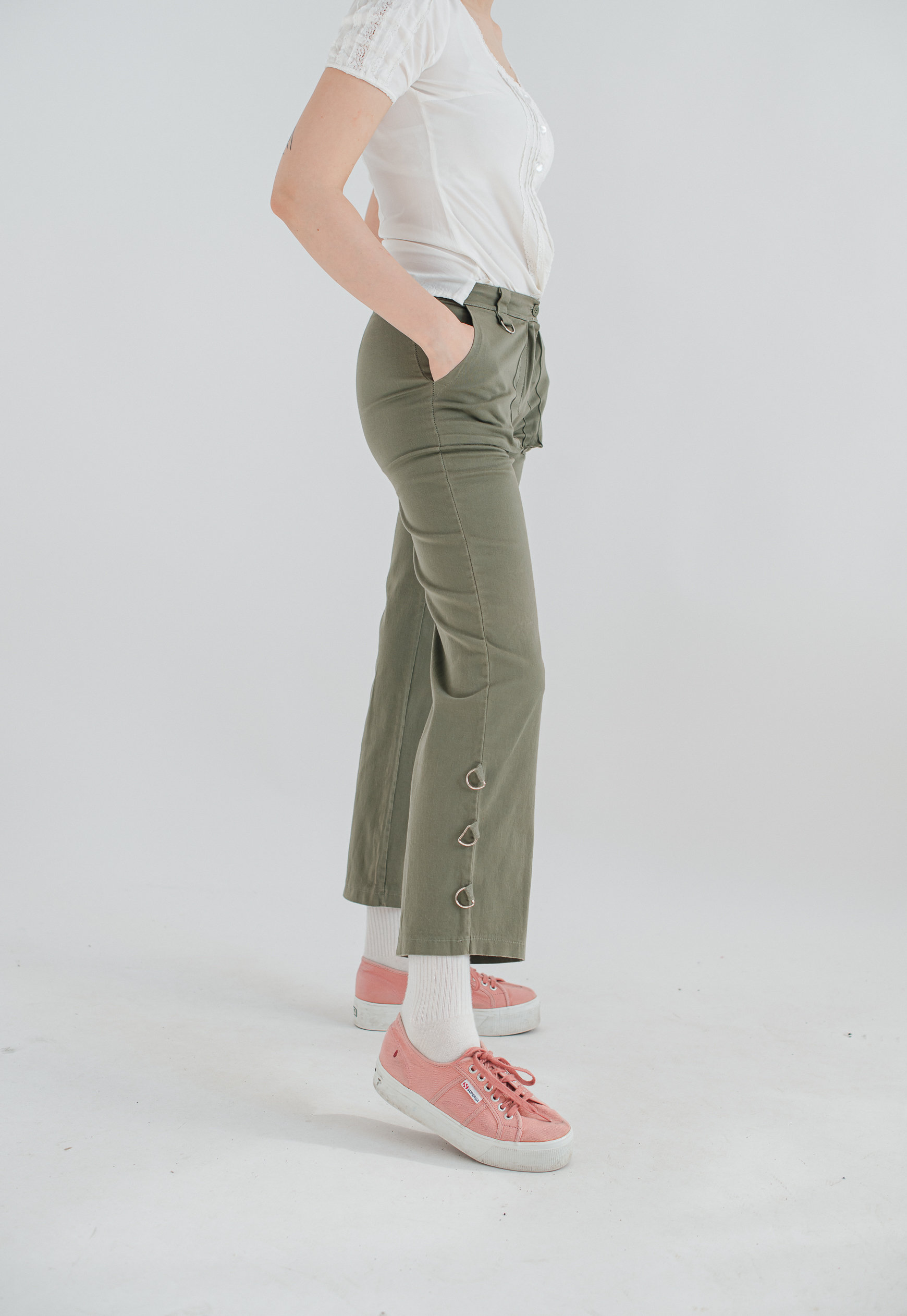 Vintage Mid Waist Baumwoll Crop Hose in Moos Grün Xs von HungerVintage