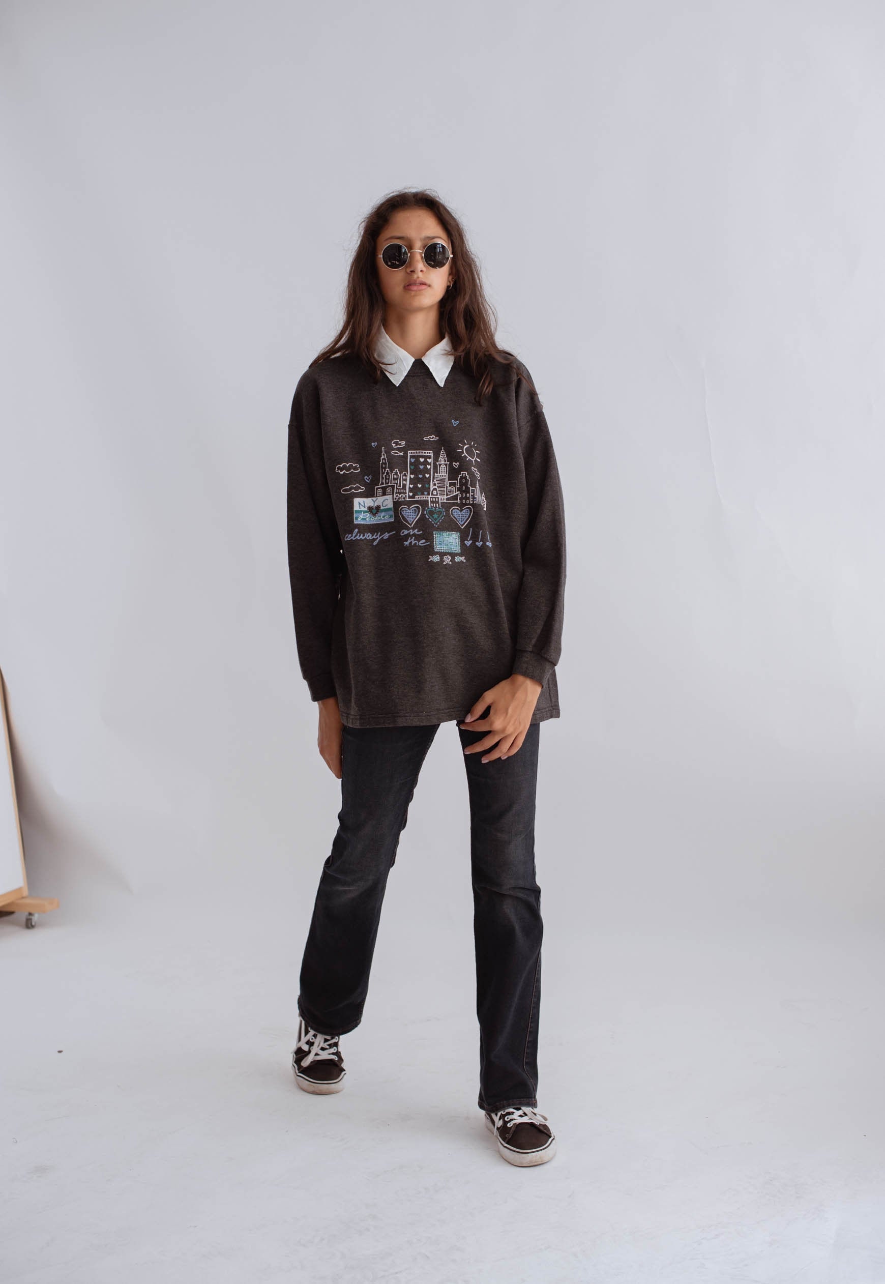 Vintage Oversized Nyc City View Print Sweatshirt in Grau S/M von HungerVintage