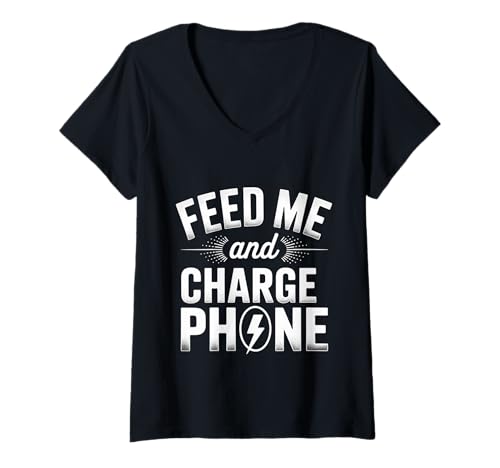 Damen Feed Me and Charge My Phone Lebensmittelbatterie hungrig - T-Shirt mit V-Ausschnitt von Hungriger digitaler süchtiger Lebensstil