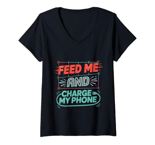 Damen Feed Me and Charge My Phone Lebensmittelbatterie hungrig T-Shirt mit V-Ausschnitt Damen Feed Me and Charge My Phone Lebensmittelbatterie hungrig T-Shirt mit V-Ausschnitt von Hungriger digitaler süchtiger Lebensstil