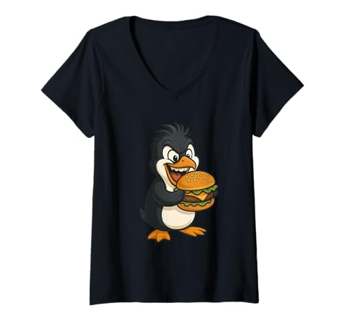 Damen Lustiger Pinguin mit Burger Fast Food Cartoon T-Shirt mit V-Ausschnitt Damen Lustiger Pinguin mit Burger Fast Food Cartoon T-Shirt mit V-Ausschnitt von Hungry Penguin Cartoon Food Lovers Design