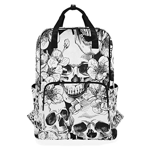 Hunihuni Multifunktionale Schultertasche mit Totenkopf-Blumen-Muster, leger, Schule, Wandern, Reisen, Tagesrucksack, Schultertasche von Hunihuni