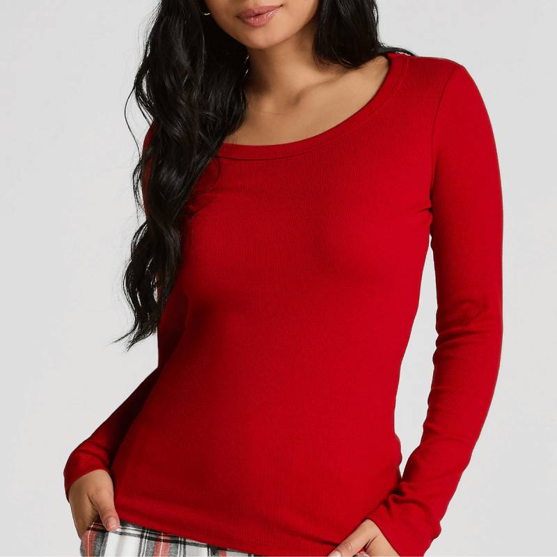 Hunkemöller Crew Rib Schlafshirt, Rot, Größe: L, Damen von Hunkemöller