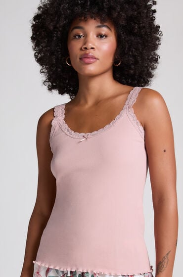 Hunkemöller Geripptes Cami mit Spitze Rosa von Hunkemöller
