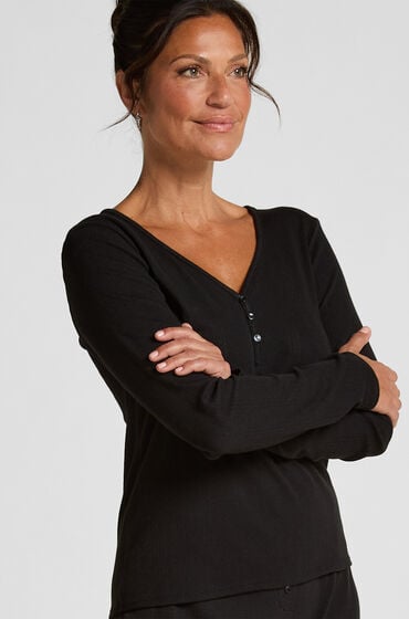 Hunkemöller Henley-Pyjamatop mit langen Ärmeln Schwarz von Hunkemöller
