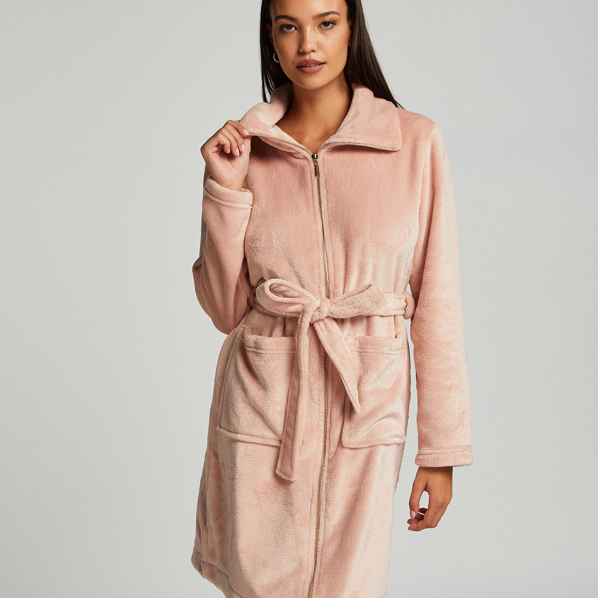 Hunkemöller Zip Flannel Fleece Mantel, Farbe: Pink, Größe: M/L, Damen von Hunkemöller