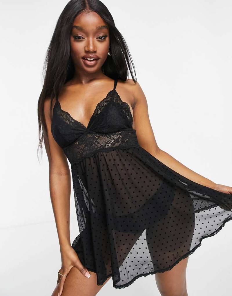 Hunkemöller - Beatriz - Schwarzes Babydoll aus gepunktetem Netzstoff und Spitze von Hunkemoller