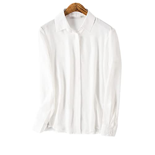 Damen-Bluse aus 100 % Seide, Krepp, einfarbig, langärmelig, versteckt, Knopfhemd, weiß, M von Hunkety