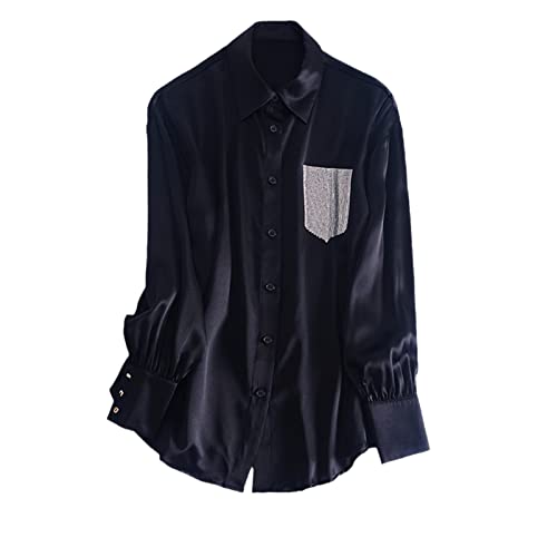 Hunkety Damen Echt Seide Bluse Frühling Herbst Kleidung Elegant Bürokleidung Damen Shirt Tops und Blusen, Schwarz , X-Large von Hunkety