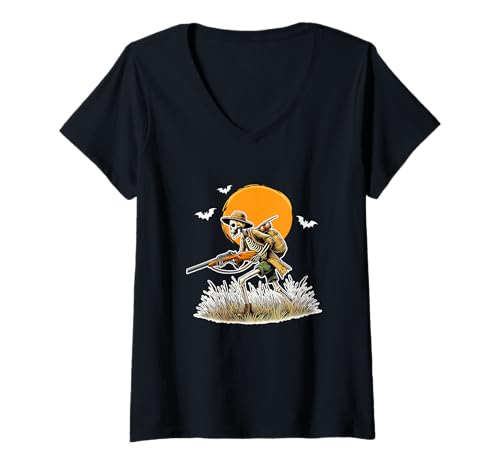 Damen Skeleton Hunting Halloween Costume Sports Lover Family T-Shirt mit V-Ausschnitt Damen Skeleton Hunting Halloween Costume Sports Lover Family T-Shirt mit V-Ausschnitt von Hunter Halloween Costume