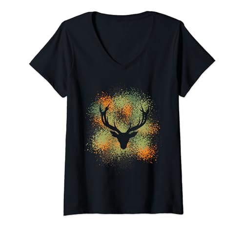 Damen Hirsch Kopf Trophäe Jäger Jägerin Männer Frauen Jagd T-Shirt mit V-Ausschnitt Damen Hirsch Kopf Trophäe Jäger Jägerin Männer Frauen Jagd T-Shirt mit V-Ausschnitt von Hunter's Haven Designs