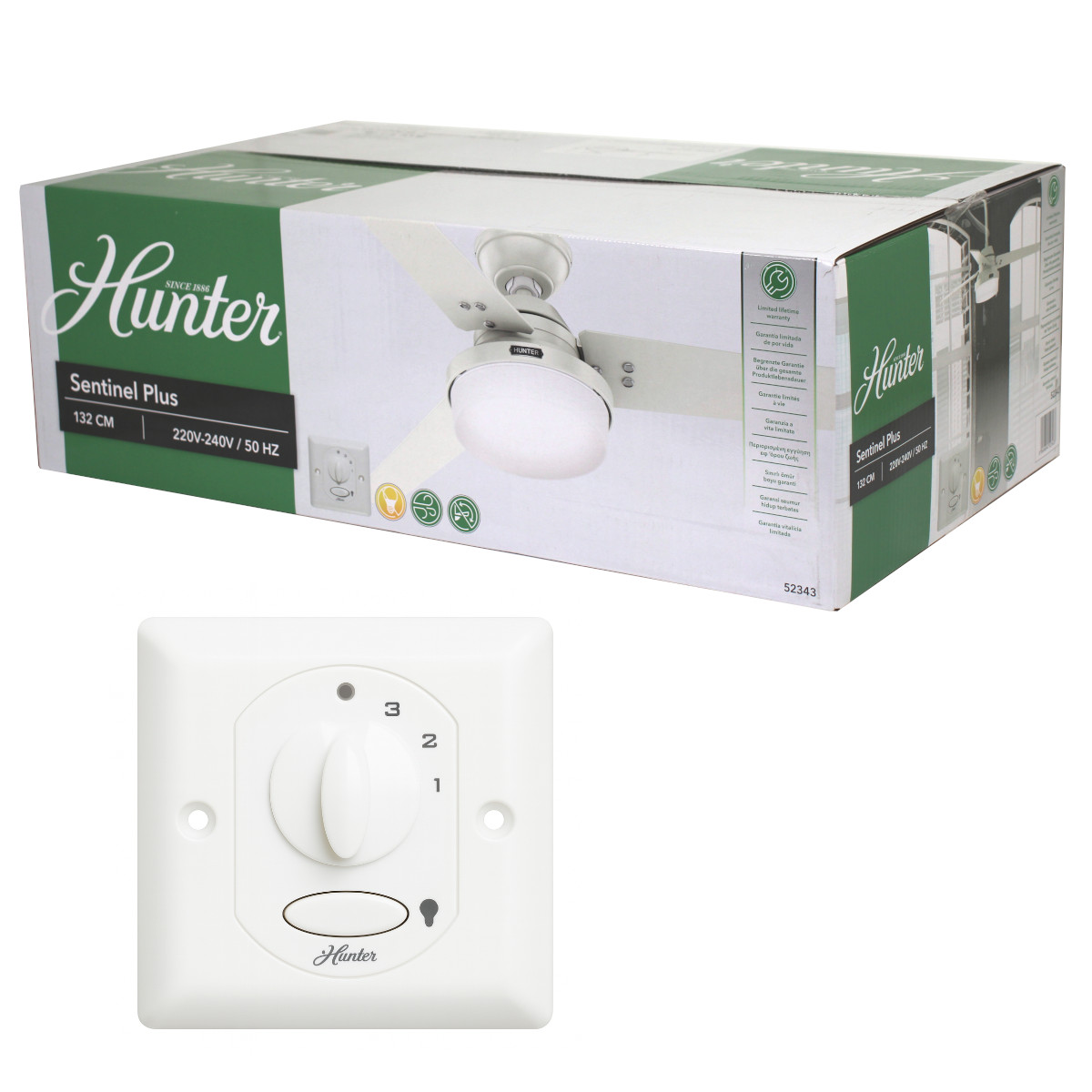 Hunter 52343 Sentinel Plus Deckenventilator weiß Beleuchtung Wandschalter 132 c von Hunter