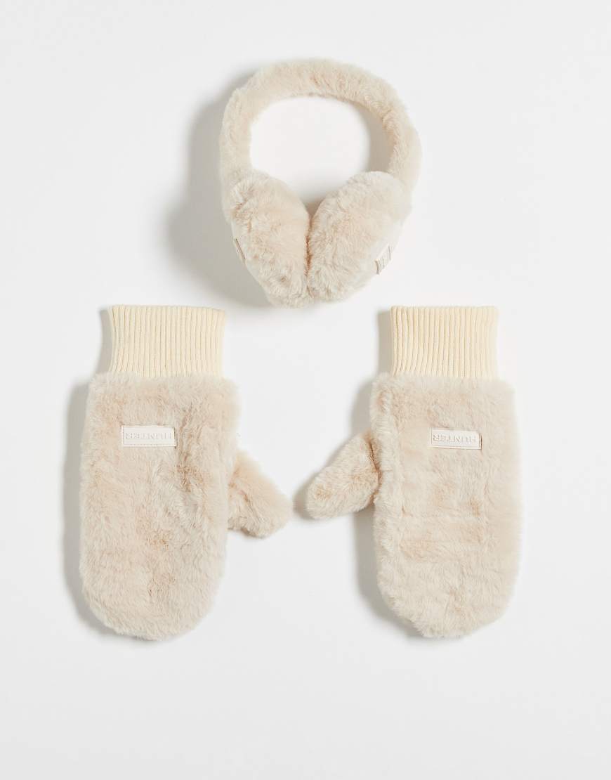 Hunter - Unisex-Geschenkset mit Ohrenwärmern und Fäustlingen in Creme-Neutral von Hunter