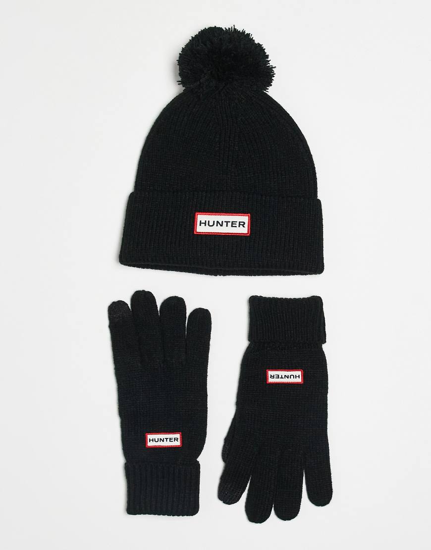 Hunter - Unisex-Geschenkset mit Strickmütze und Handschuhen in Schwarz von Hunter