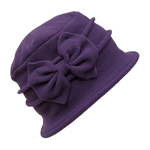 HunterBee Damen Glocke Baskenmütze Französisch Vintage Floral Fleece Cloche Hut Klassischer Winter 1920er Jahre Bucket Hat, Violett, Einheitsgröße von HunterBee