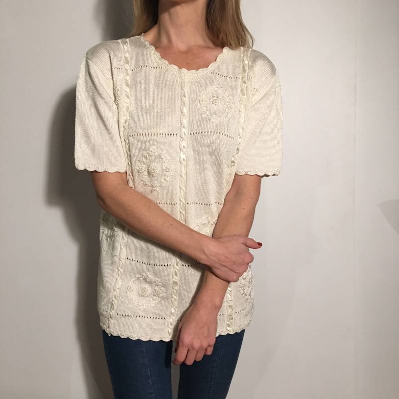 Bentley Echte Vintage Cindrela Sammlung Schillernde Weiße Bluse Mit Blockierten Akzent Muster, Frauen Einheitsgröße von HunterHunted