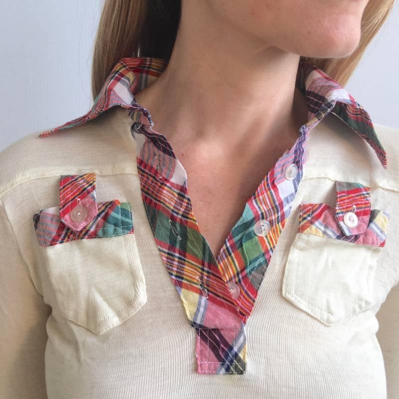 Camilla Vintage Kragen Stricken Tasche T-Shirt, Creme Acryl/Polyester Mit Karierten Detail von HunterHunted