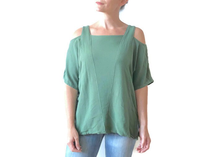 Dicke Baumwolle Grün Half-Sleeve Tunika Top Mit Kalten Schulter Cut-Outs, Handgefertigt in Marokko von HunterHunted