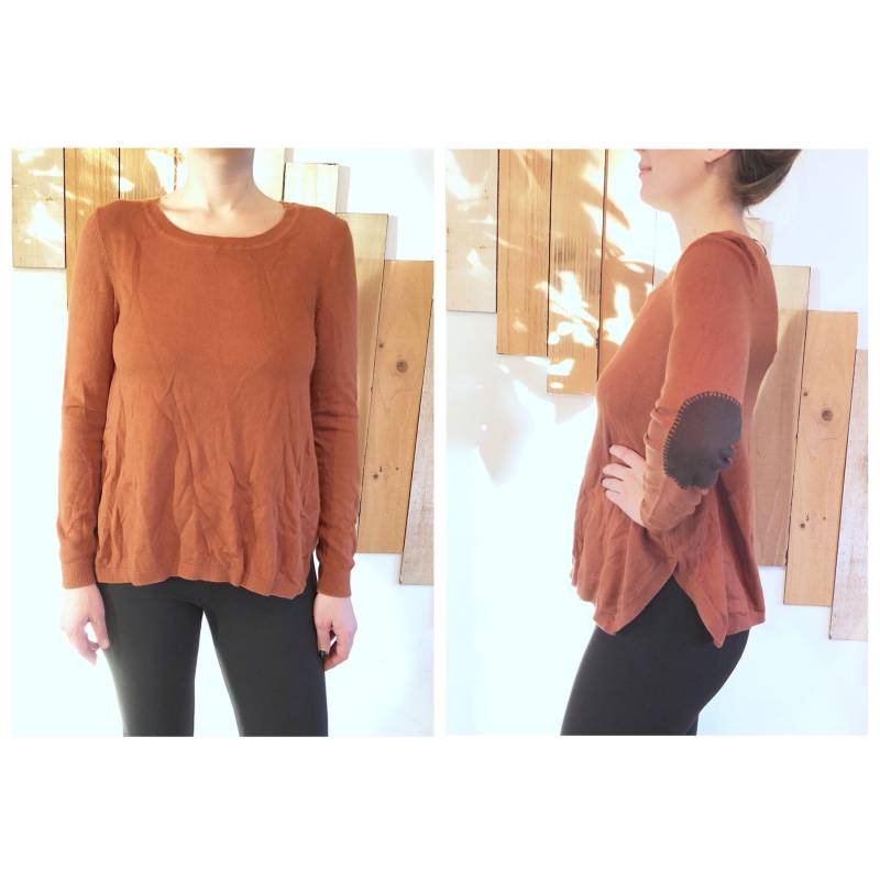 Gebrannte Orange Braun Dehnbare, Leichte Pullover Top W/Dunkelbraune Elbow Patches, Leichte Seitenschlitze Und Rippenstiche An Säumen von HunterHunted