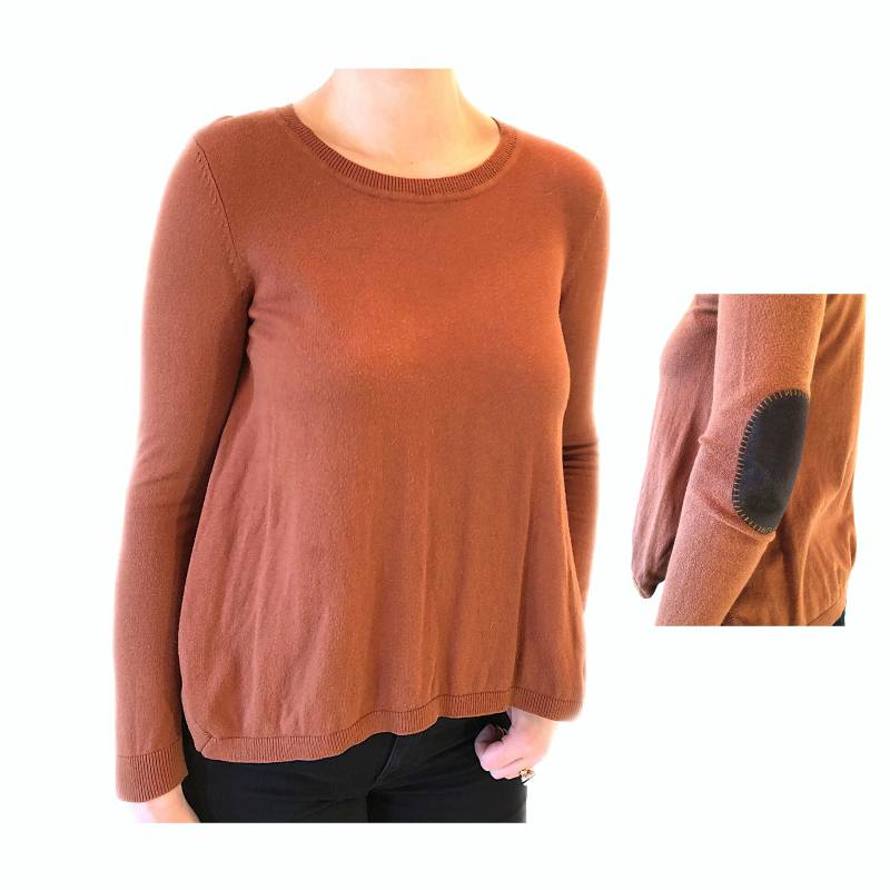 Kamel Orange Braun Blouson Schlitz Pullover Mit Gerippten Säume Und Ellenbogen Patches von HunterHunted