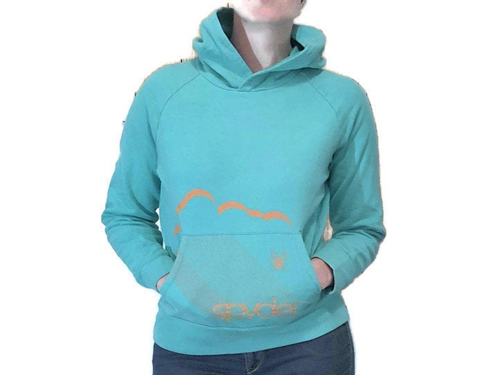 Spyder Ski Tragen Pullover Hoodie Sweatshirt, Petrol Blau-Grün Mit Orange Marke Logo Grafik Und Hand Wärmer Fronttasche von HunterHunted