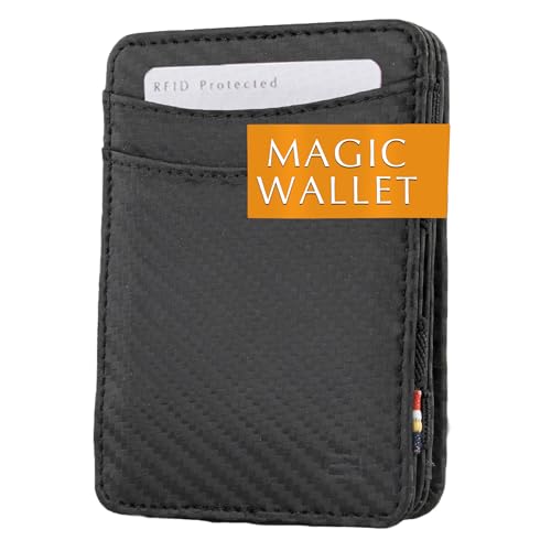 Hunterson Flacher Geldbeutel Fuer Herren aus Leder, Magic Wallet mit RFID-Schutz, Geldboerse mit Kleingeld und Platz Fuer 6 Karten, Carbon Black von Hunterson