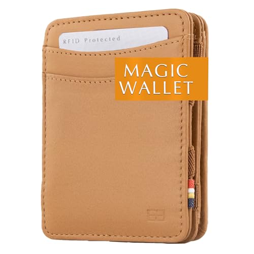 Hunterson Flacher Geldbeutel Fuer Herren aus Leder, Magic Wallet mit RFID-Schutz, Geldboerse mit Kleingeld und Platz Fuer 6 Karten, Cognac von Hunterson