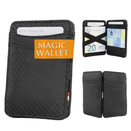 Hunterson flacher Geldbeutel fuer Herren aus Leder, Magic Wallet mit RFID-Schutz, Geldboerse mit Platz fuer 8 Karten, Carbon Black von Hunterson