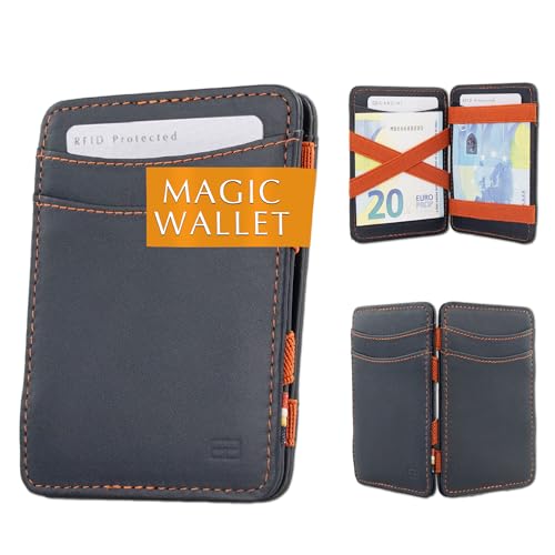 Hunterson Flacher Geldbeutel Fuer Herren aus Leder, Magic Wallet mit RFID-Schutz, Geldboerse mit Platz Fuer 8 Karten, Blue Orange von Hunterson