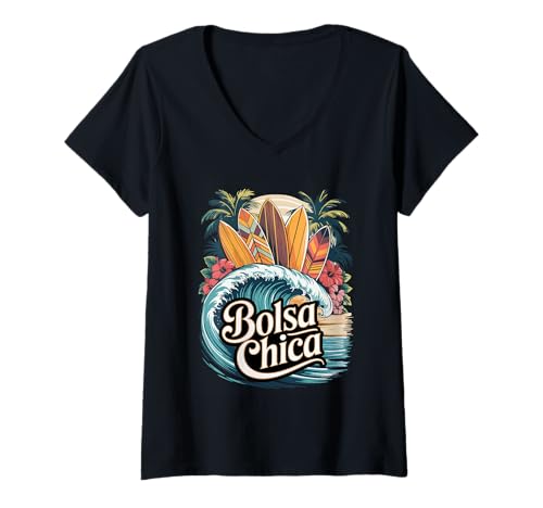 Damen Bolsa Chica Surfbretter in Huntington Beach Art T-Shirt mit V-Ausschnitt Damen Bolsa Chica Surfbretter in Huntington Beach Art T-Shirt mit V-Ausschnitt von Huntington Beach Visual Inspired by Bolsa Chica