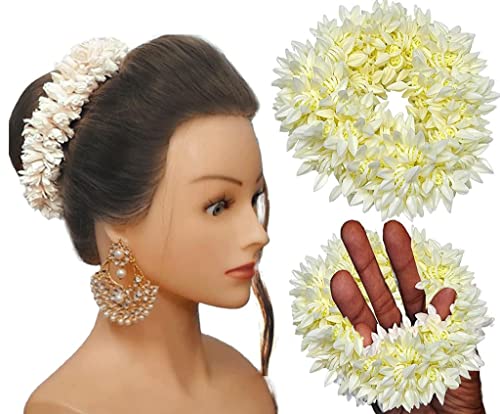 Huntlie 2 Stück Haarmogra duftende Gummibänder Gajra Haarschmuck für Frauen und Mädchen, Haarknoten Künstliche Gajra Scrunchies Gummiband - (35 g) (Weiß) (Einheitsgröße) von Huntlie