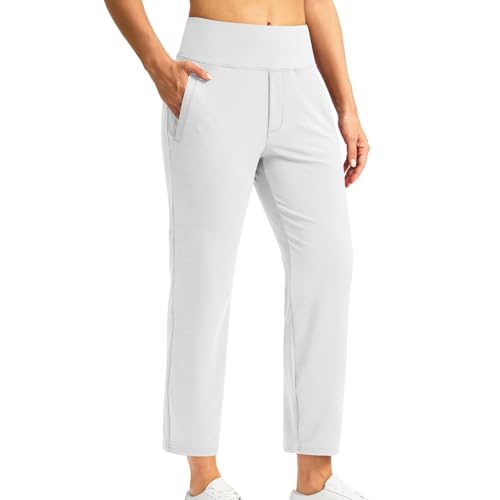 7/8 Hose Damen Sommer Business Gerade Bein Elastischer Bund Hosen Casual Komfortabel Stretch Hohe Taille Freizeithose Lässig Gerade Stoffhose Business Elegant Hose mit Taschen für Fitness Freizeit von Huoghebg