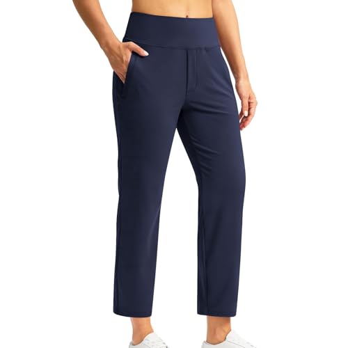 7/8 Hose Damen Sommer Business Gerade Bein Elastischer Bund Hosen Casual Komfortabel Stretch Hohe Taille Freizeithose Lässig Gerade Stoffhose Business Elegant Hose mit Taschen für Fitness Freizeit von Huoghebg