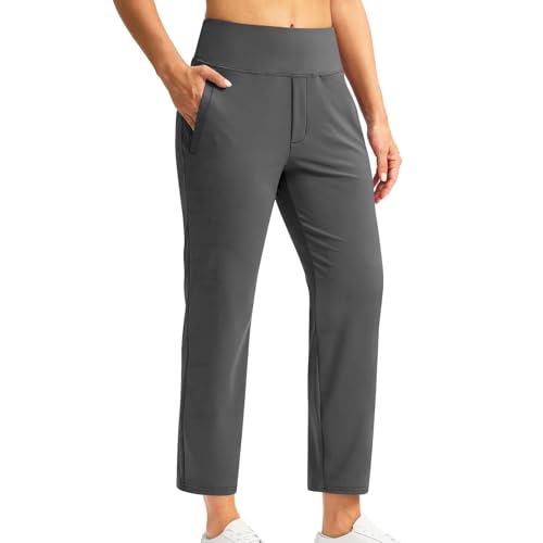 7/8 Hose Damen Sommer Business Gerade Bein Elastischer Bund Hosen Casual Komfortabel Stretch Hohe Taille Freizeithose Lässig Gerade Stoffhose Business Elegant Hose mit Taschen für Fitness Freizeit von Huoghebg