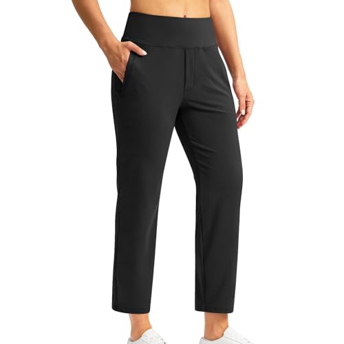 7/8 Hose Damen Sommer Business Gerade Bein Elastischer Bund Hosen Casual Komfortabel Stretch Hohe Taille Freizeithose Lässig Gerade Stoffhose Business Elegant Hose mit Taschen für Fitness Freizeit von Huoghebg