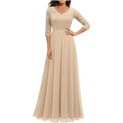Abendkleid Damen Lang, Abendkleider Elegant für Hochzeit Spitzenkleid Chiffon Kleid Spitze Cocktailkleid Brautjunferkleid Partykleid Abschlusskleid Maxi Lang Ballkleid für Hochzeitsgäste von Huoghebg