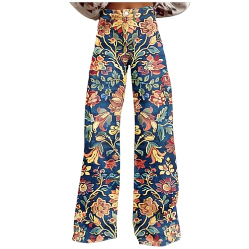 Baggy Jeans Damen Frauen, Palazzo Hose Damen Sommer Blumen Lässige Hose mit Weitem Bein Vintage Freizeithose Boyfriend Blumenprint für Frauen Lose Gerade Geschnitten Hosen von Huoghebg