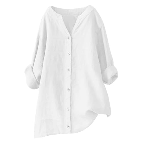 Bluse Damen Sommer Warehouse Deals Angebote Baumwolle Leinen Langarm Casual Damen Blusen Oversized Button-Down Shirts V-Kragen Tops Bluse Oberteil Lockere Bequem Atmungsaktiv Blusentop von Huoghebg